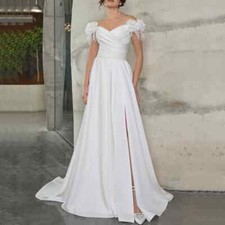 Elegant Satin Wedding Dresses V-Neck High Side Slit Sweep Train A-Line Gowns