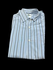 LACOSTE MEN'S SHIRT BUTTON UP LONG SLEEVE BLUE NAVY/WHITE STRIPED LOGO 38 SMALL