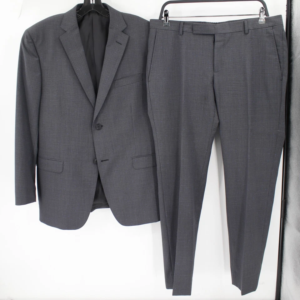 Terno masculino Zegna 40C 36x29 micro houndstooth lã cinza com entalhe de textura azul - Imagem 2 de 4