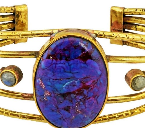ArtisanCrafted Oxidised Cuff with Purple Turquoise and Rainbow Moonstone Jewelry - Picture 4 of 4