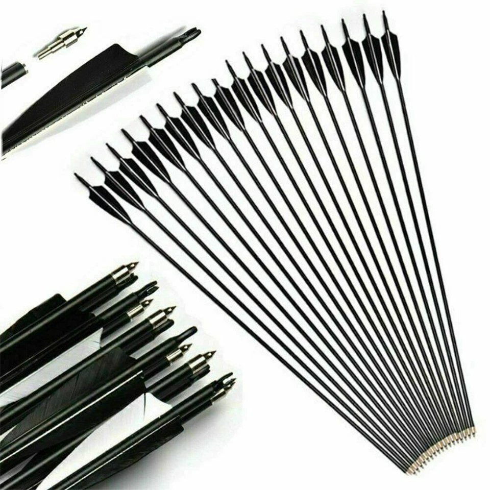 12 piezas flechas de carbono 30/32 SP500 tiro con arco pluma de pavo con puntas extraíbles/aljaba Foto 3 de 4