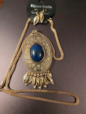 Classy Bijoux Stella Goldtone/Blue Marbled Stone Pendant Necklace/Earring Set