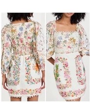 Farm Rio Dress Sz M Boho Square Neck Puff Sleeve Forest Scarves Linen Embroidery