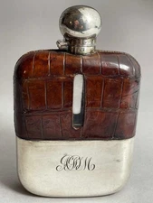 FINE LARGE ANTIQUE CROCODILE & SILVER PLATED HIP FLASK JAMES DIXON & SONS 1900