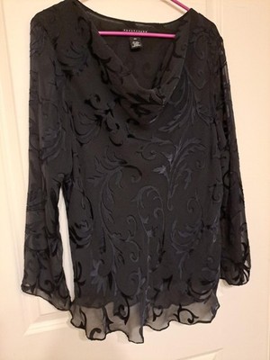 Apostrophe Woman Sz 20W Black Floral Burnout Silk Cowl Neck Whimsigoth Romantic