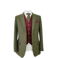 Vintage Olive Green Plaid Men's Wool Blend Tweed Retro Party Tuxedo Wedding Suit