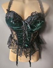 Scarce Vintage 90s Frederick's Green Velvet Black Lace Garter Belt Sequin SZ 32