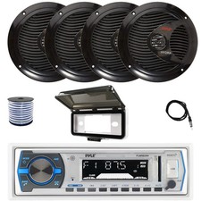 Pyle Bluetooth Marine Receiver, Cover, Antenna,Wire, 4x 6.5" 150W Black Speakers