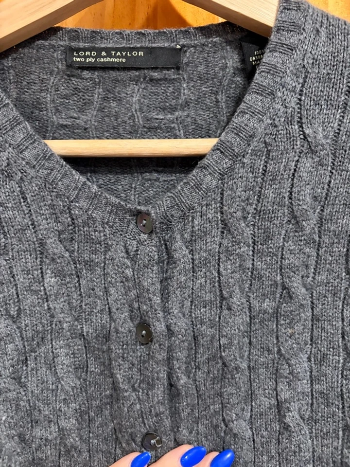 Lord & Taylor Cashmere Cable Knit Cardigan Gray M Elbow Patch Classic Soft - Image 4 of 4