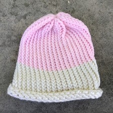 Hand Knit Beanie Crochet Winter Hat Adult Knitted Delicate Pink Ivory