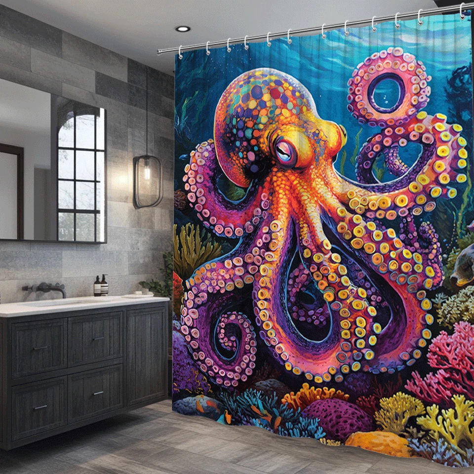Colorida cortina de ducha pulpo, vibrante diseño de arrecife de coral submarino Foto 4 de 4