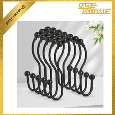 12PCS Shower Curtain Hooks Metal Rings Double Glide Roller Rust Proof Black