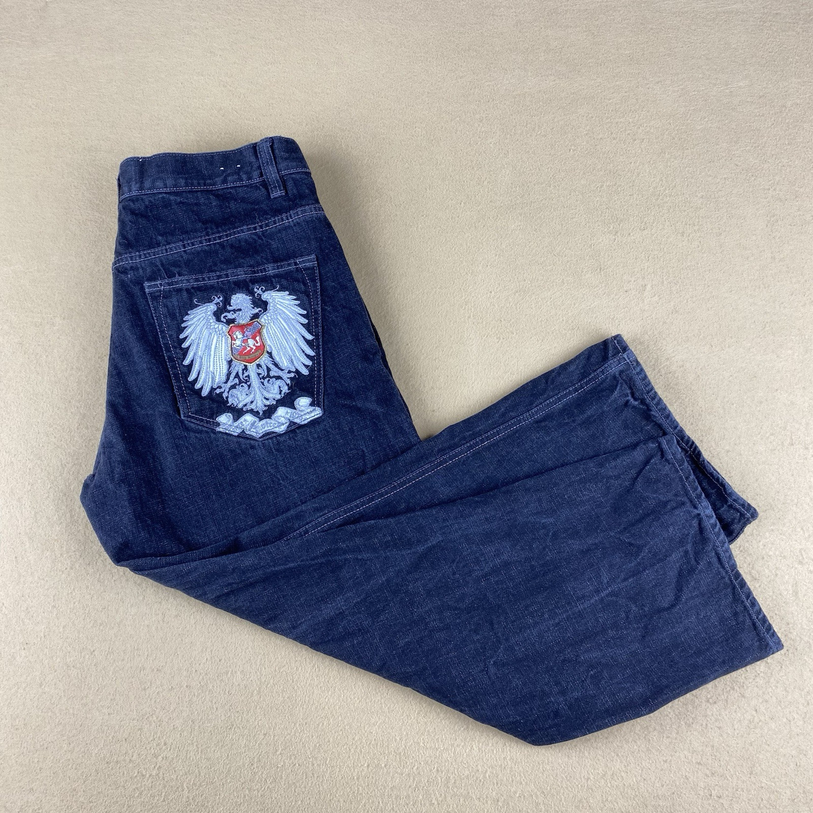 Vtg Y2K Avirex Black Baggy Wide-Leg Jeans 34x28 Embroidered Logo Dark Wash for Men