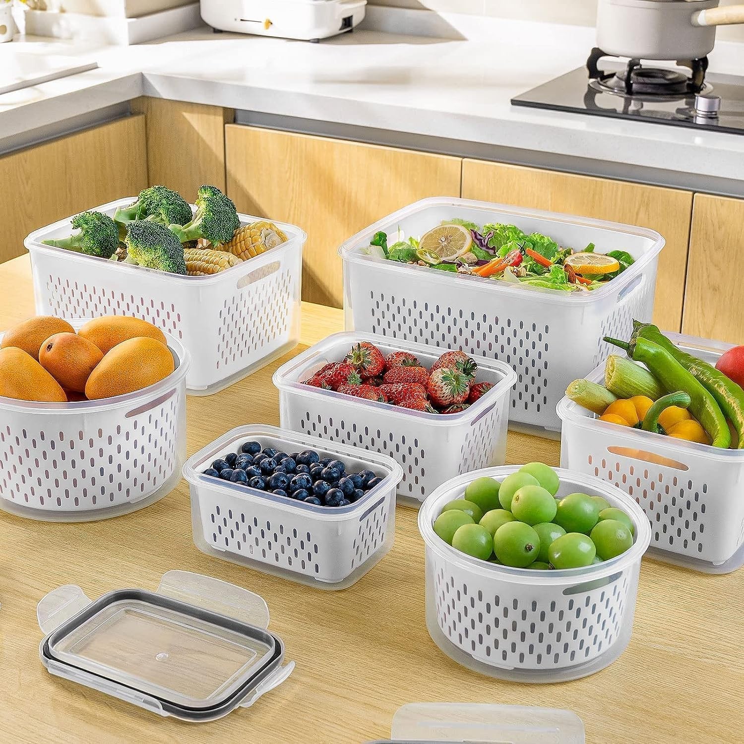 Fruit Storage Containers for Fridge with Colander 4PCS Airtight Produce Saver