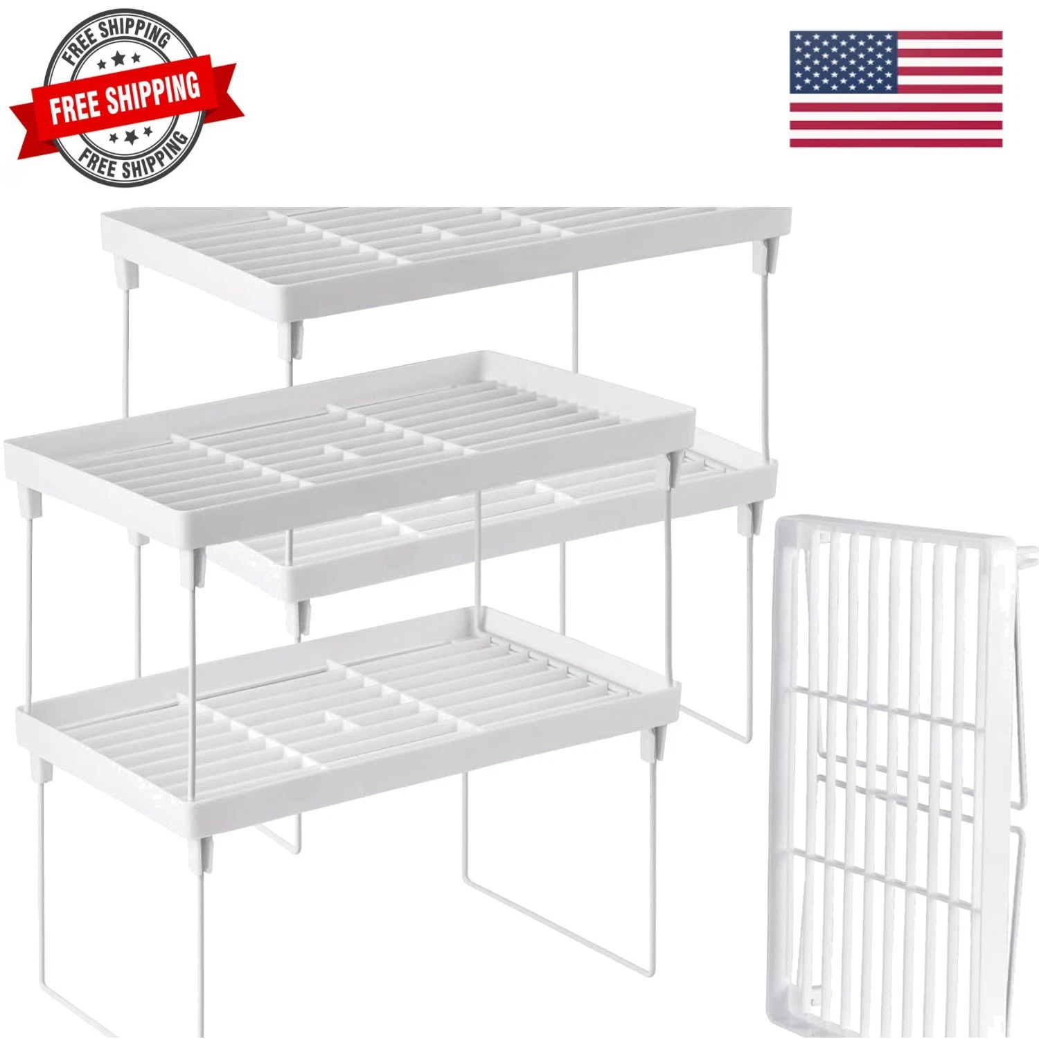 4-Pack Stackable Plastic Kitchen Storage Shelf Foldable Rack - White Kitchen ...