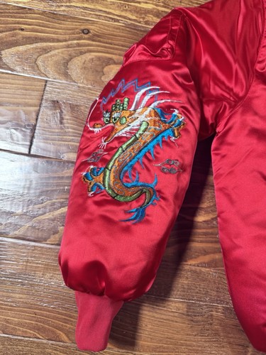 Vintage Korea Dragon Embroidered Sukajan Jacket Removable Hood Sz Large Red 80s - Picture 4 of 17