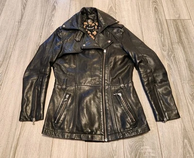 RARA Chaqueta de Motociclista Schott NYC Para Mujer Negra Cuero Oveja Forrada Floral Rosa Mediana - Imagen 1 de 4