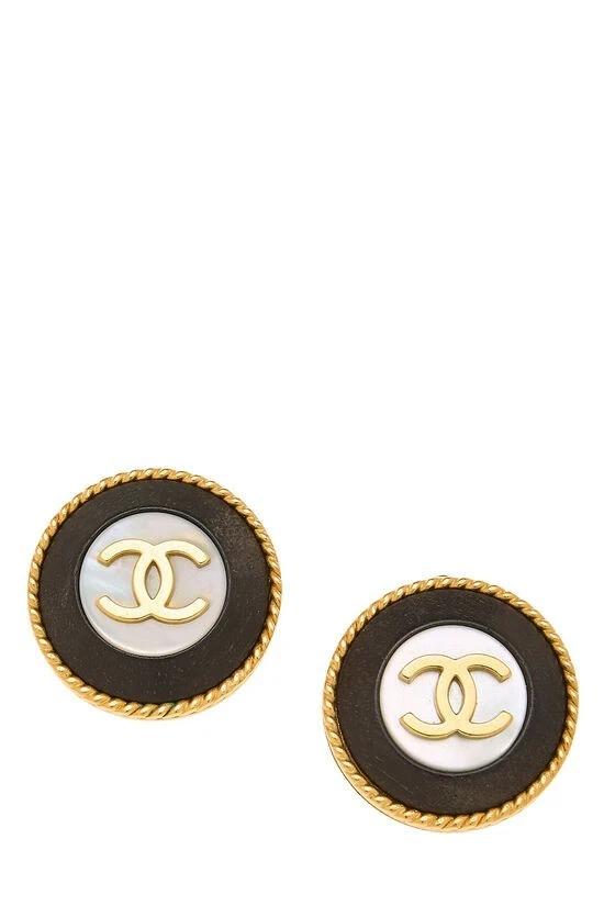 CHANEL Black Mother of Pearl Round Button Earrings