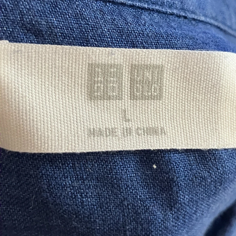 Camisa Uniqlo para mujer talla grande azul lino cuello abotonado resort playera Foto 4 de 4
