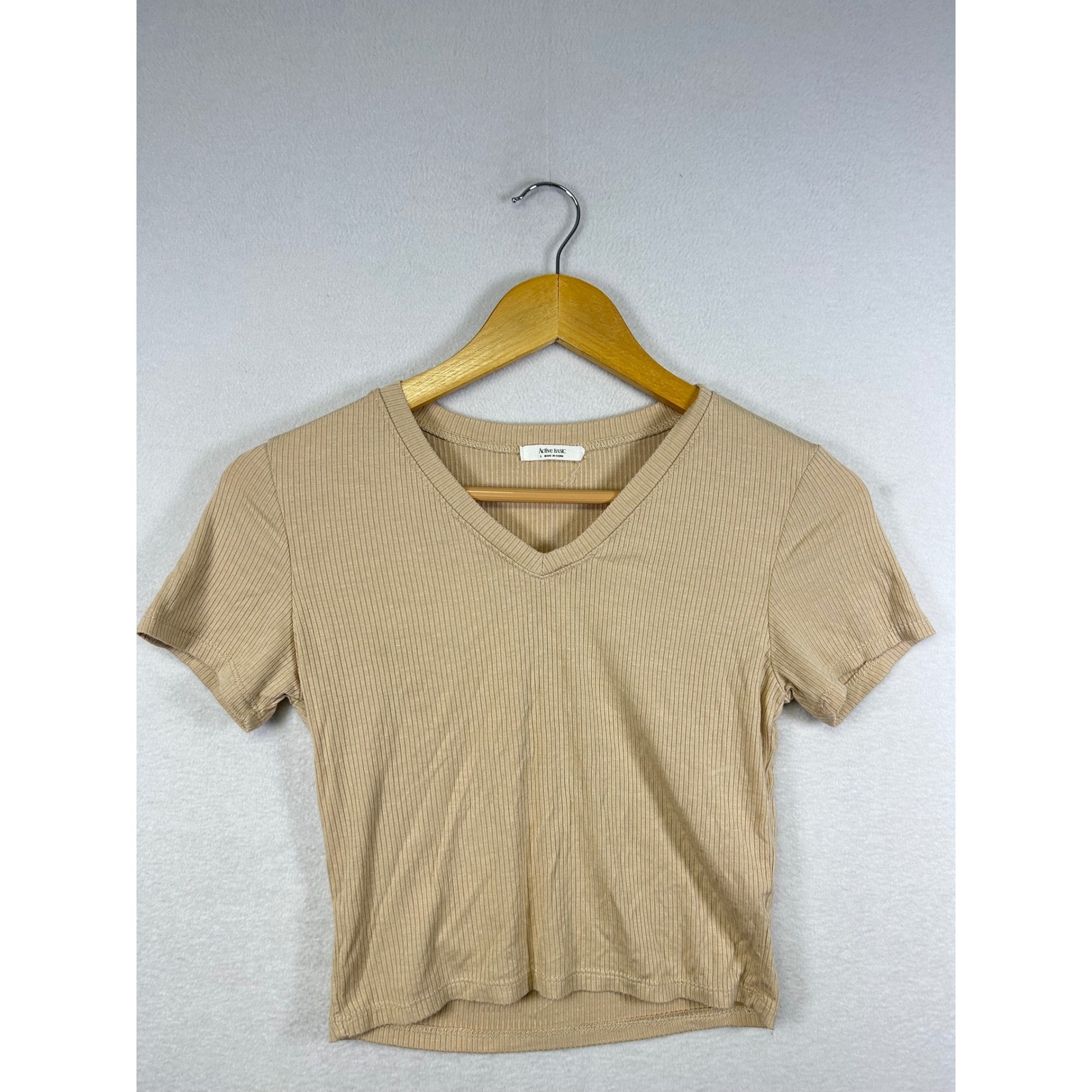 Active Basic Ribbed V Neck Crop Top Tan Beige Sho… - image 5