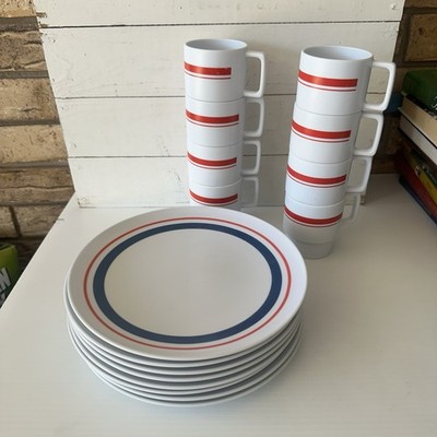 VTG Melamine Tableware Set 8 Plates 8 Cups Red Blue Stripe Retro 16Pc Midcentury