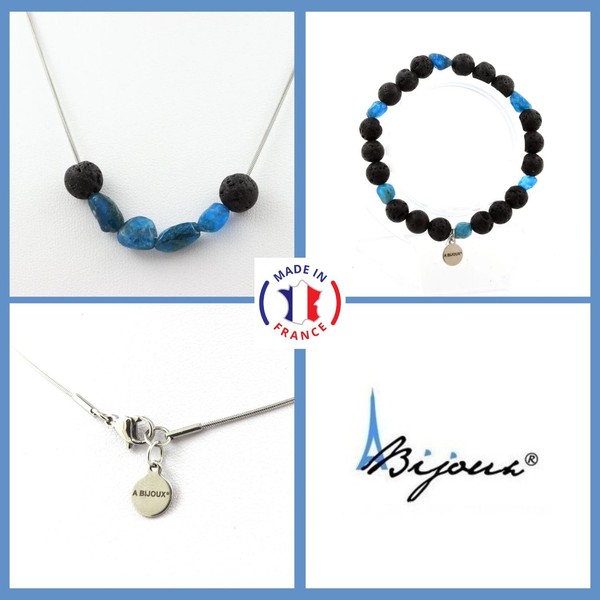 Schmuckset Armband Halskette Perlen Blaue Apatit Aus Brasilien + Lava 8 GrößE Pe-image