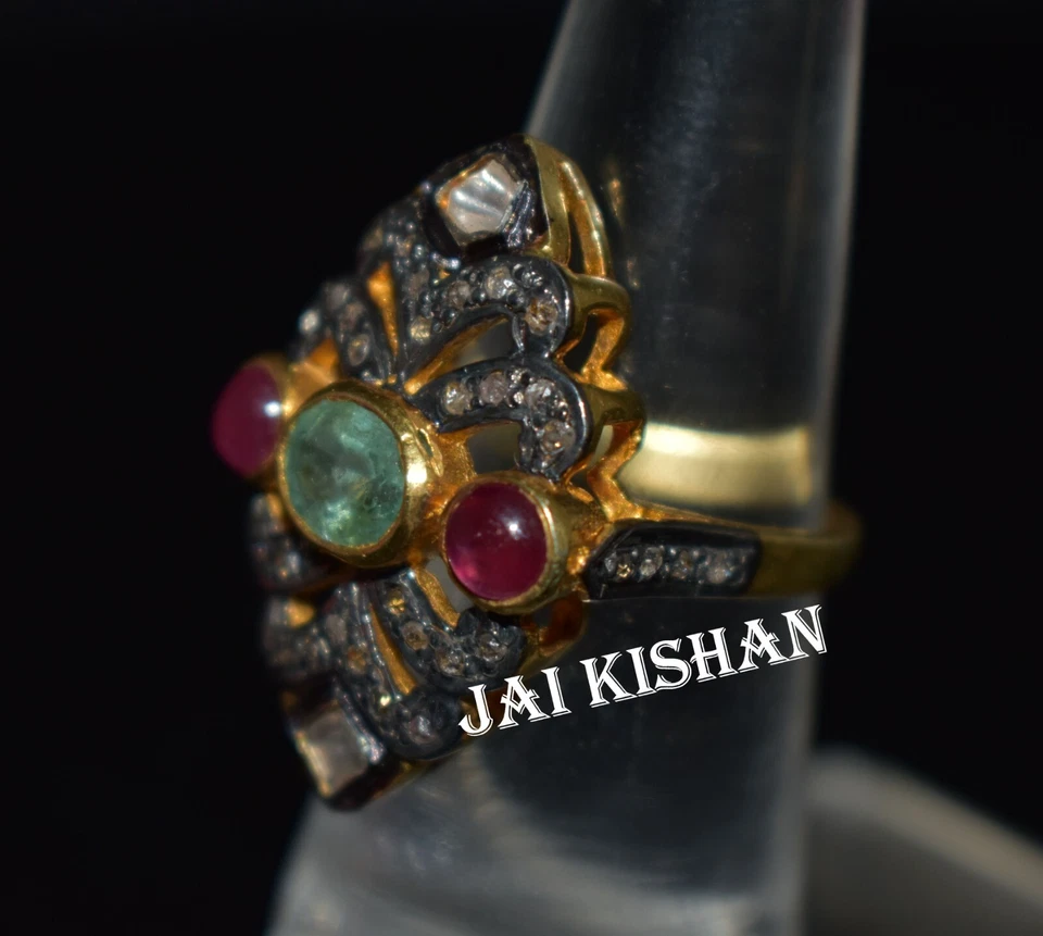 Smeraldo Rubino Gemma Polki Pavè Diamante 925 Argento Sterling Vittoriano Anello - Immagine 2 di 4