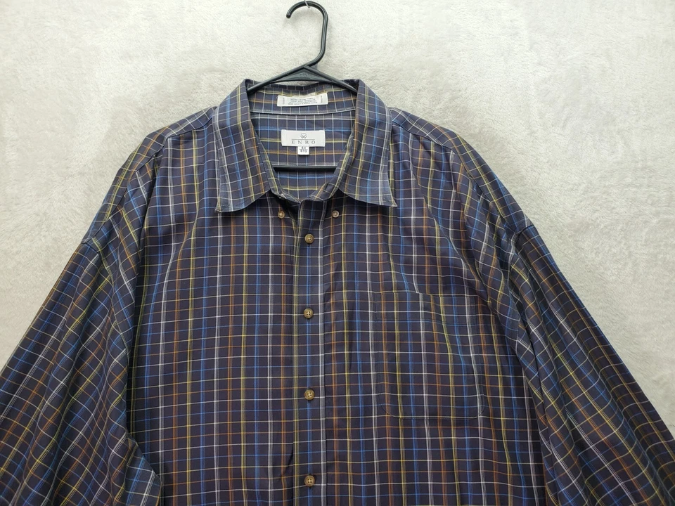 Camisa de Vestir ENRO Para Hombres Talla 4X Azul Multi Cuadros Sin Hierro Sarga Cuello Abotonado Foto 4 de 4