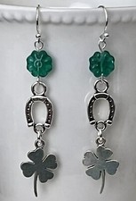 Silver Horseshoe, Four Leaf Clover Green Flower Earrings. Lucky Shamrock