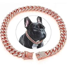 Dog Chain Collar Rose Gold  Pink Bling Cuban Diamond Rhinestone Necklace Cat Pet