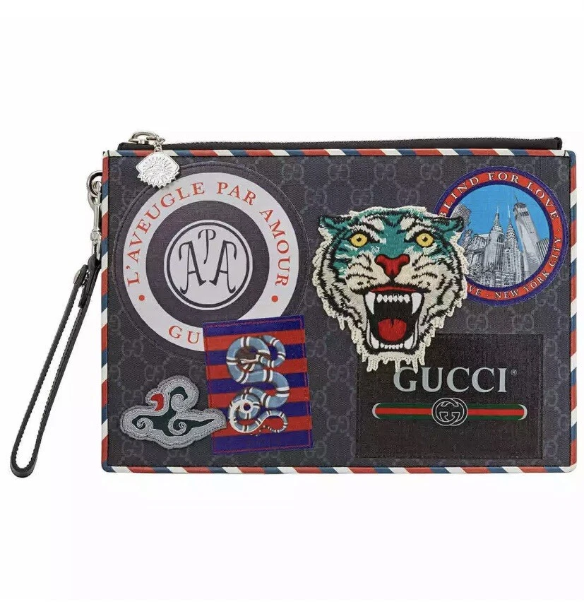 Gucci #496346 GG Supreme Tiger Patch Zip Top Clutch/Pouch, NWT | eBay