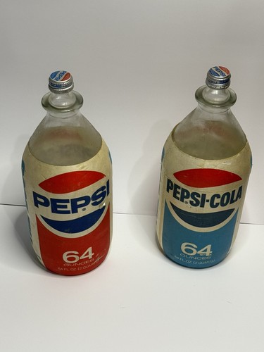 2 1970s BOSS Pepsi Glass Bottle w Foam Label and Cap 64 Oz - 2 Qt Vibrant Colors