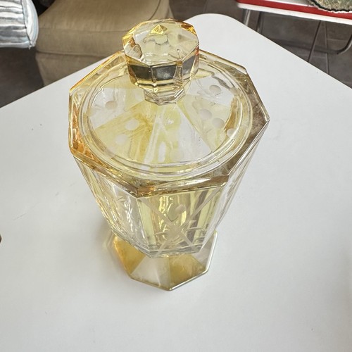 Antique Wheel Etched Topaz Yellow and Clear Glass Compote - Picture 2 of 7