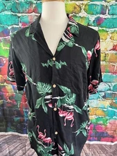 Vintage Paradise Found Mens Large Hawaiian Shirt Pink Flamingos Palm Trees Aloha