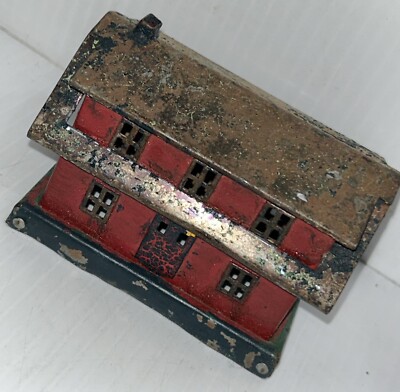 Vintage Bankers Red Metal House Bank NO Bottom Rusty/u4a