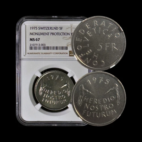 SWITZERLAND. 1975, 5 Francs - NGC MS67 - Top Pop 🥇 Historic Preservation Year