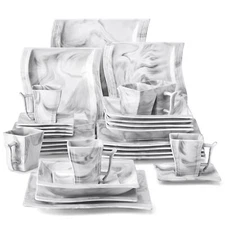 MALACASA Flora Dinnerware Set 30pcs Porcelain Marble Grey Wave-shaped Tableware