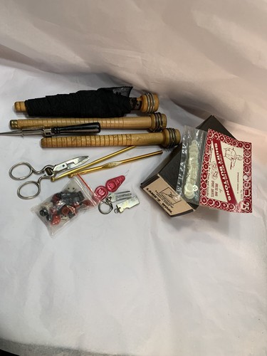 Vtg Antique Sewing Notion Tool Lot 13 Black Lace Spindle Scissors Rug Hook