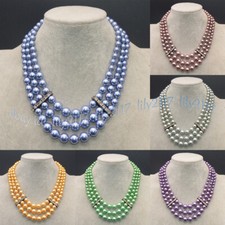 3 Rows Multicolor Shell Pearl Round Beads Layered Necklace 17-19'' 8-10-12mm