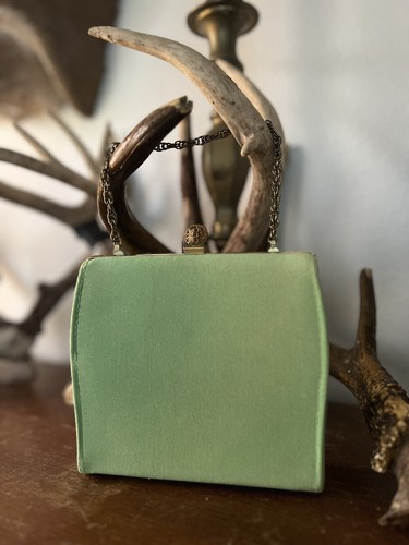Vintage Clutch Purse Handbag Chartreuse Green Satin Cloth