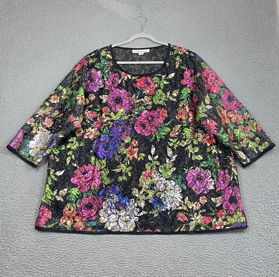 $435 Caroline Rose Bella Top Bordado Malla Encaje Seda Ribete Floral Talla 2X EXCELENTE Foto 2 de 4