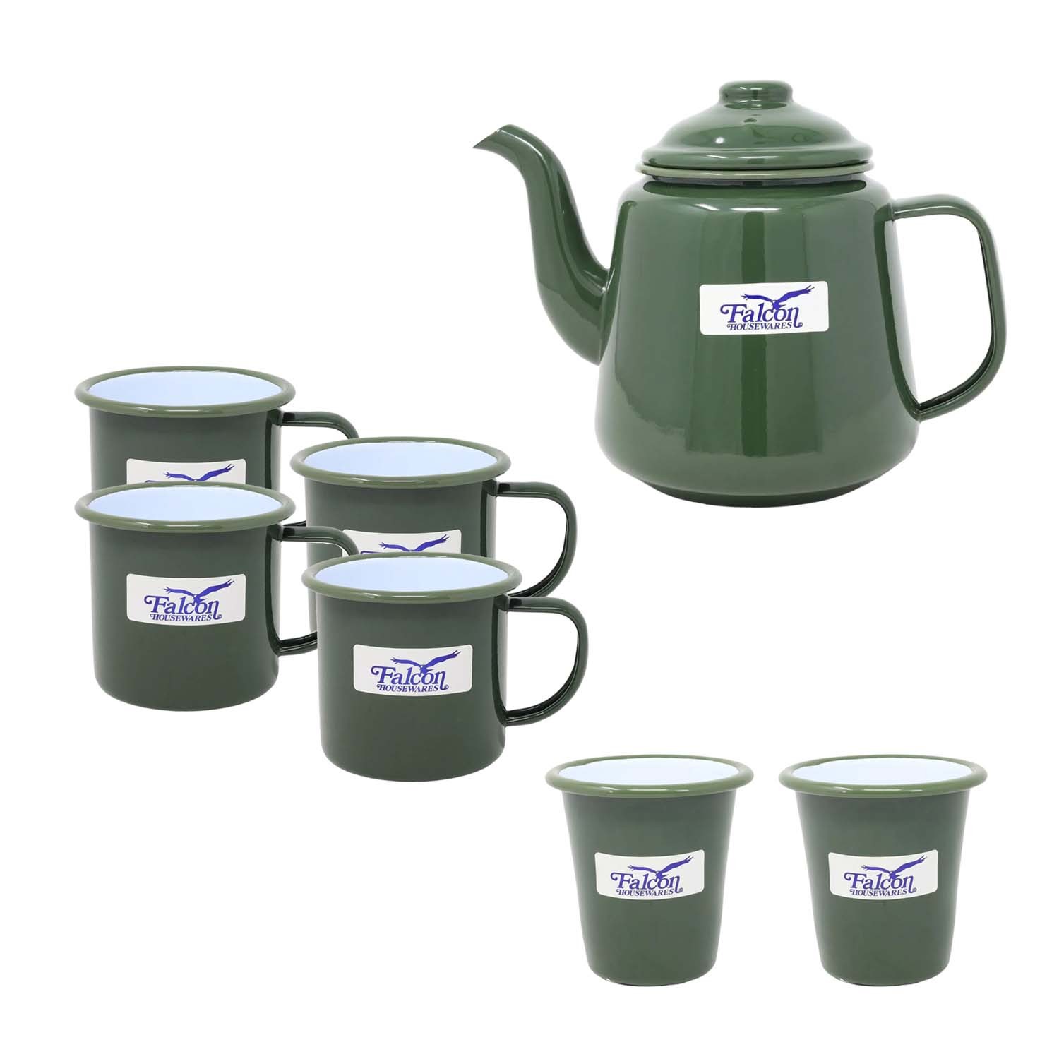 7pcs Drinkware Set Green Enamel White Steel Teapot Coffee Mug Tumbler Beverage
