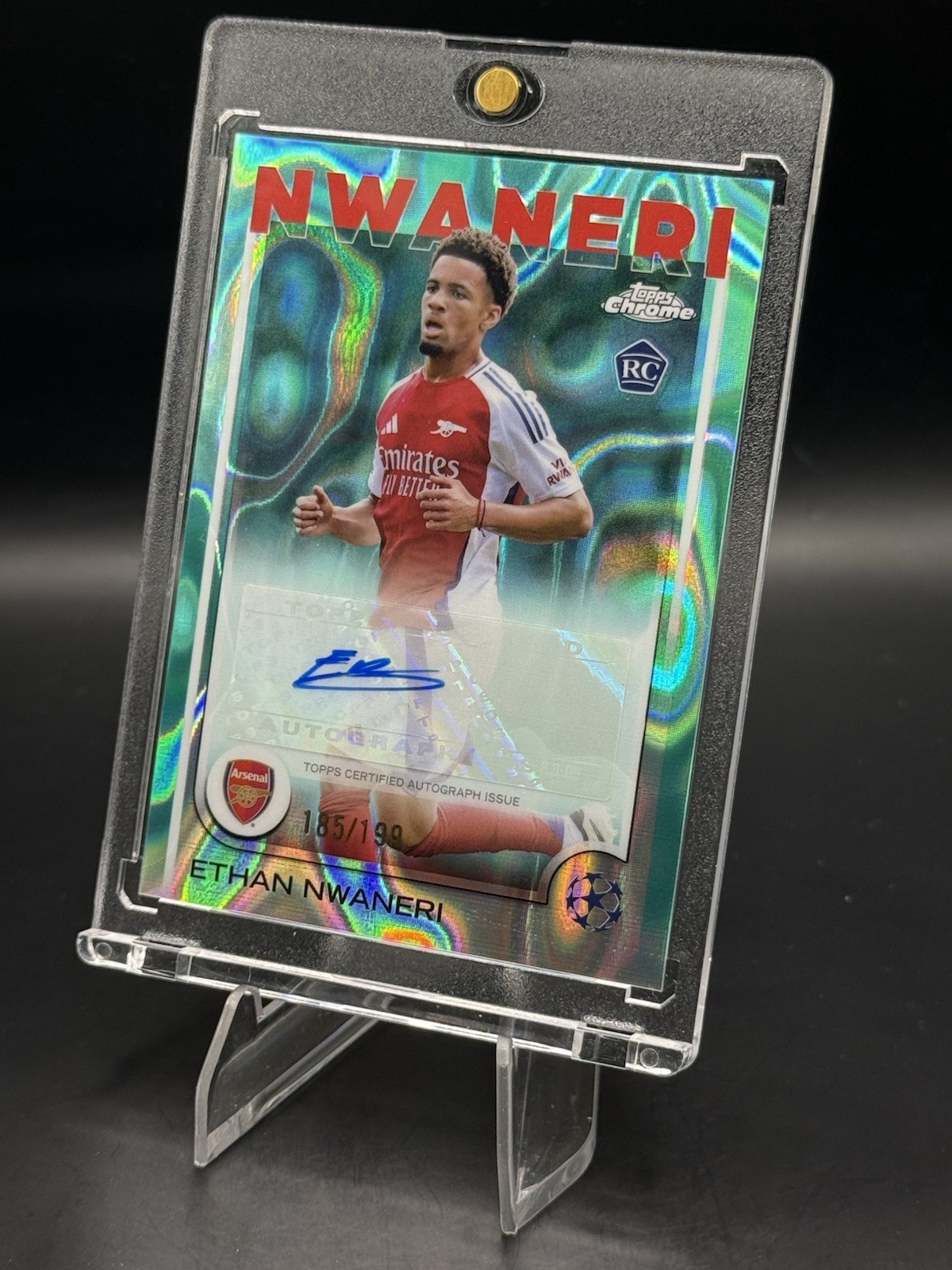 2025 Topps Chrome- UCC Ethan Nawaneri RC Auto Aqua Lava /199 Arsenal view 3