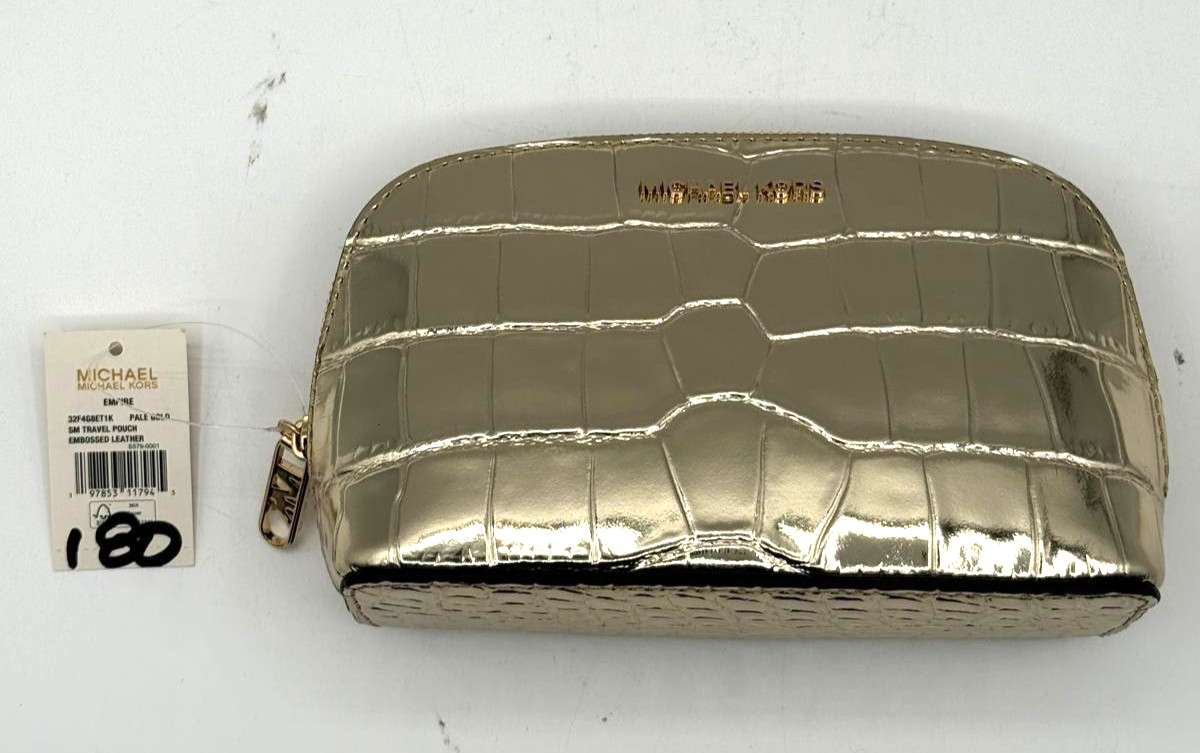 Michael Kors Gold Croc Embossed Leather Cosmetic Bag Travel Pouch Zip Clutch.