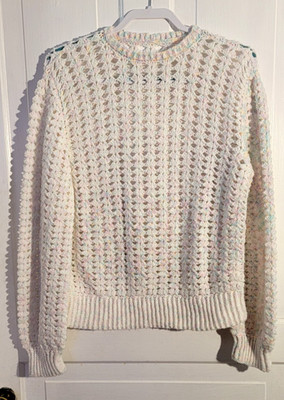 Handmade Open Crochet Crew Neck Confetti White Long Sleeve Womens Sweater Large