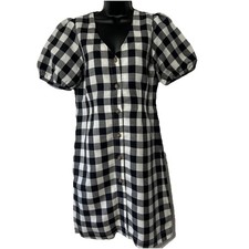LOFT Linen Blend Gingham Mini Dress Black White Button Front Women's Size 2