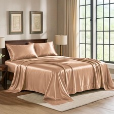 Satin Sheets Full 4-Piece, Rose Gold Hotel Luxury Silky Bed Sheets - Extra ...