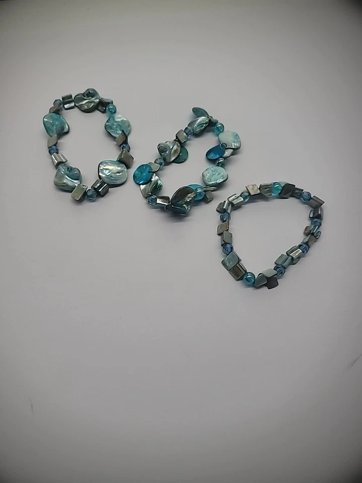 Pulsera Brazalete Vintage Cuentas Concha Azul Iridiscente Lote de 3 Joyería Disfraz Foto 2 de 4