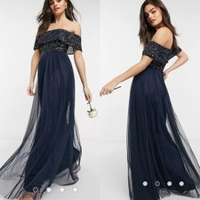 Maya Bridesmaid bardot maxi tulle dress with tonal sequins in navy Size 6 NWT