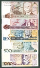 BRAZIL 10, 50, 100, 500, 1000 CRUZADOS BANKNOTES - 1980 s - UNC